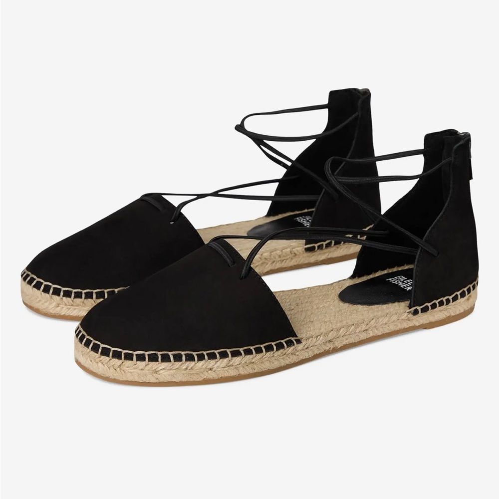 Eileen Fisher Black Suede Espadrilles Flats Sandals Sz 7.5 Coastal Vacation NWOT